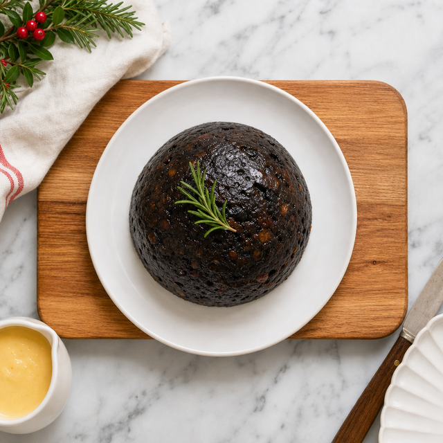 Steamed Christmas pudding unmoulded on a serving plate