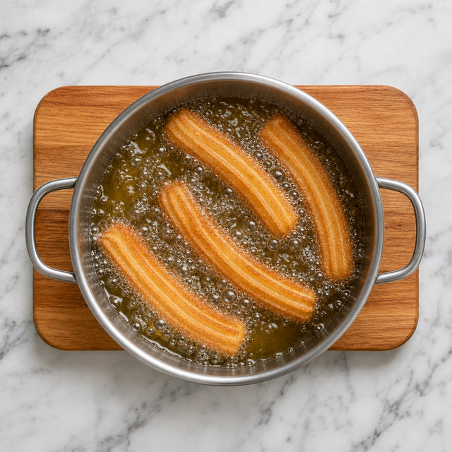 Ridged churros frying until golden brown