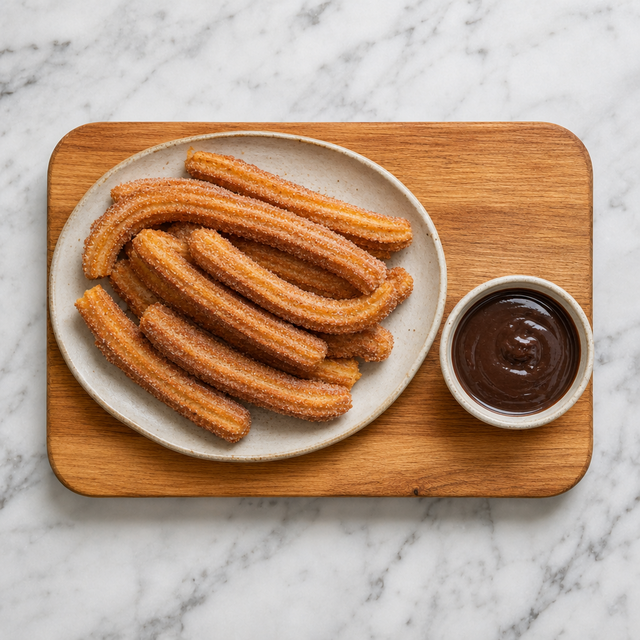 Cinnamon-sugar churros served with thick dark chocolate sauce