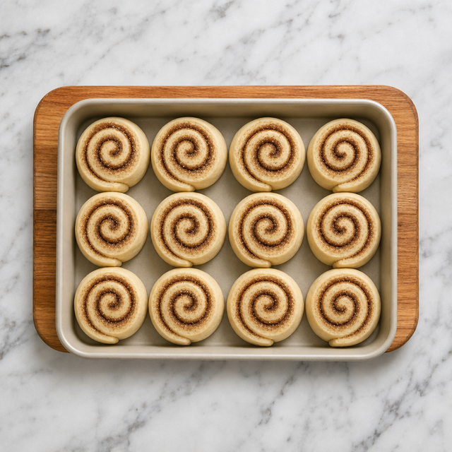 Twelve unbaked cinnamon rolls arranged in a baking pan.