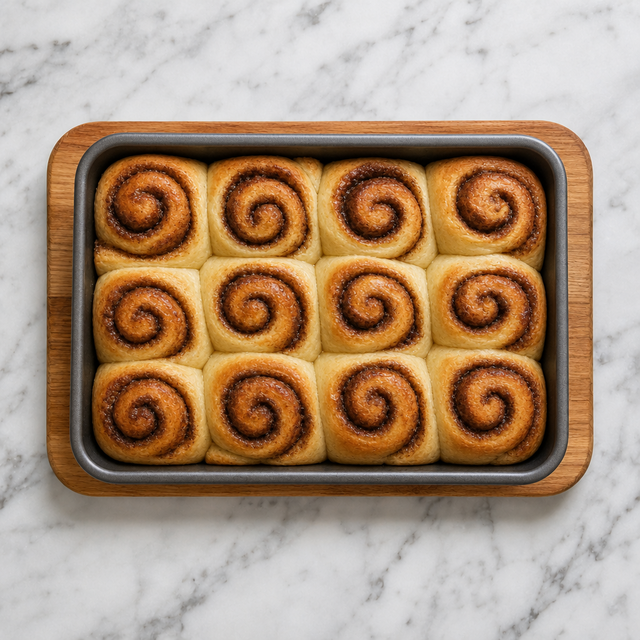 Freshly baked golden cinnamon rolls in a rectangular pan.