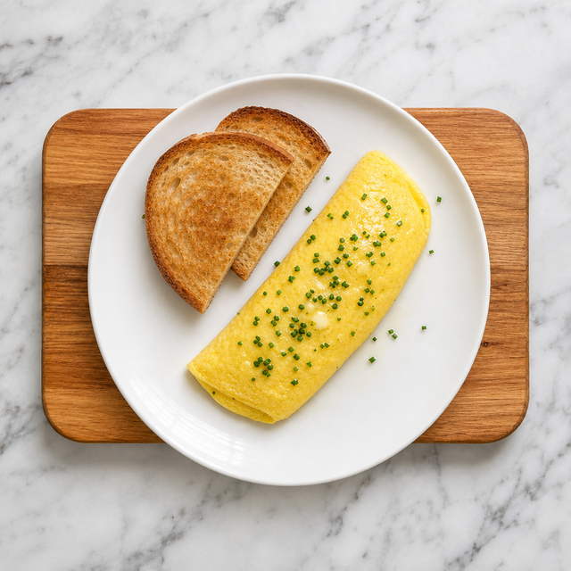 Finished pale French omelette rolled onto a plate and topped with chives