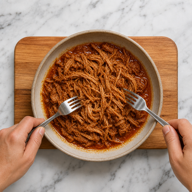 Cochinita pibil pulled into moist, glossy strands