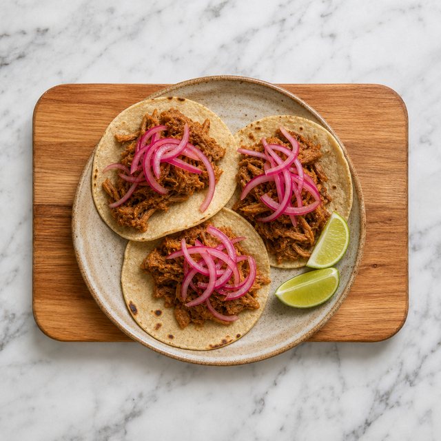 Warm corn tortillas filled with cochinita pibil and red onion