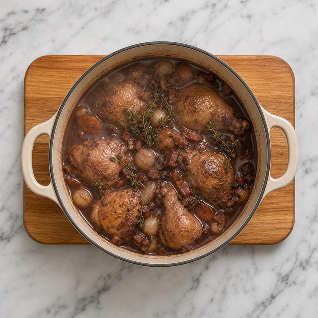 Chicken braising in red wine sauce with thyme
