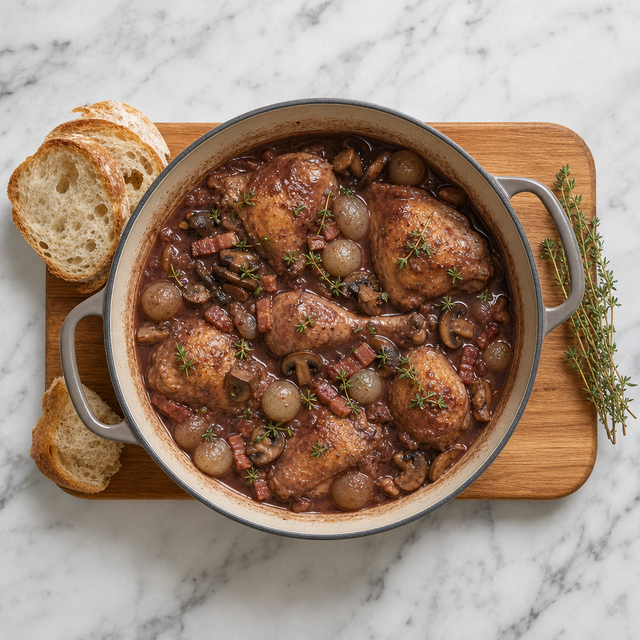Finished coq au vin with mushrooms and pearl onions