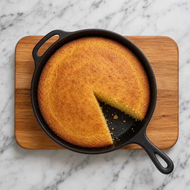 Golden cornbread with crisp edges baked in a cast-iron skillet
