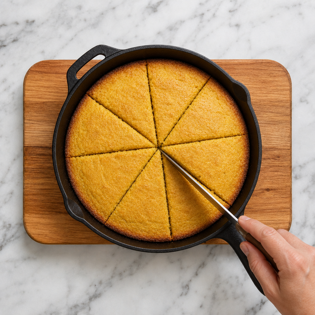 Cornbread cooling before being cut into wedges