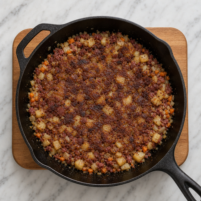 Corned beef hash developing a crisp golden crust in a skillet