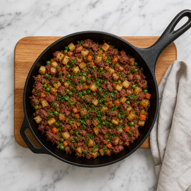 Finished British corned beef hash with crisp potatoes and parsley