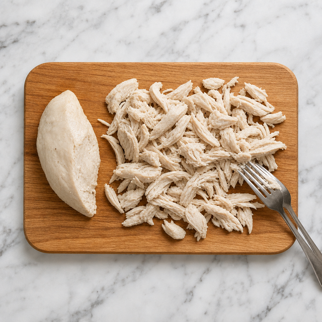 Poached chicken being pulled into bite-size pieces