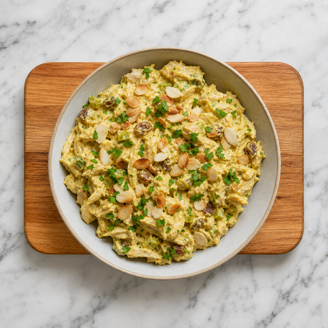 Finished coronation chicken salad topped with toasted almonds