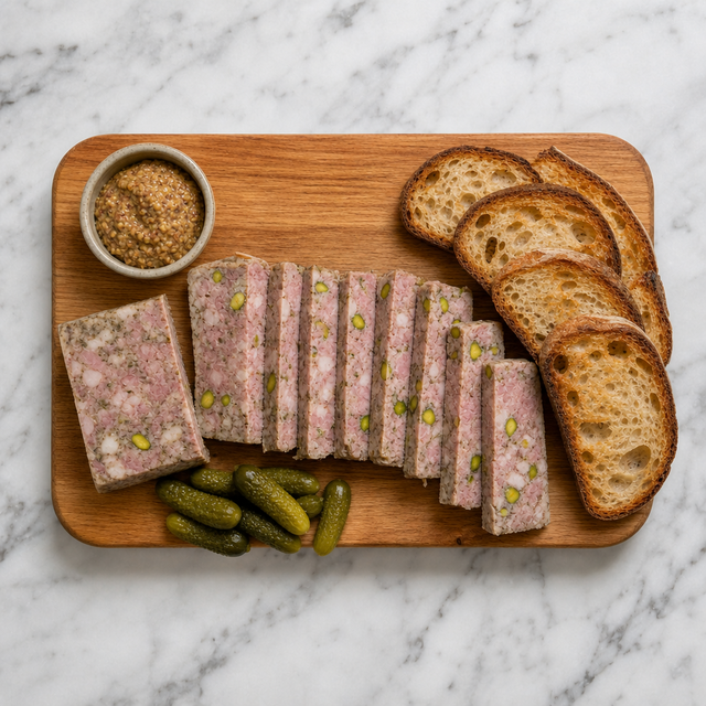 Sliced country terrine served with cornichons, mustard, and toasted bread