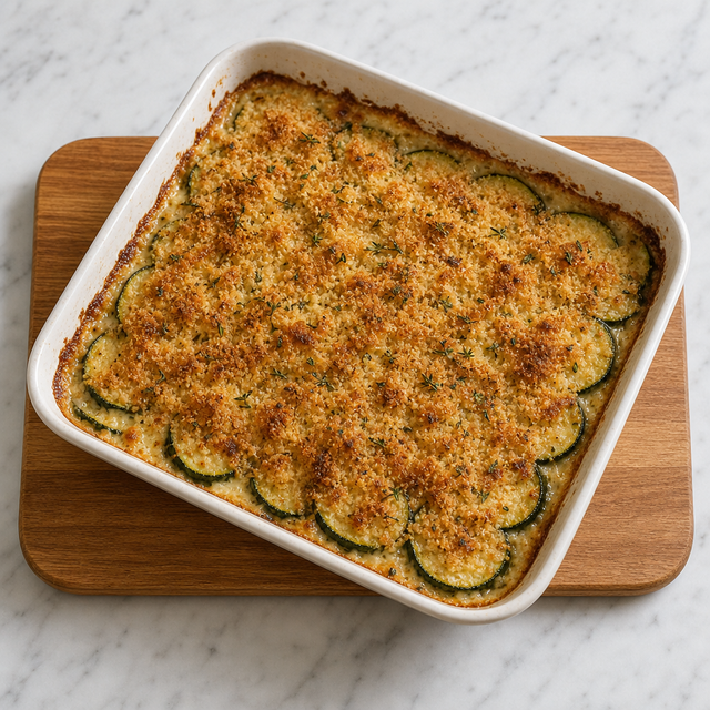 Golden bubbling courgette gratin with a crisp Gruyère breadcrumb topping