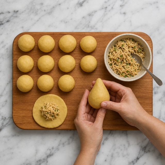 Hands shaping a coxinha into a traditional teardrop