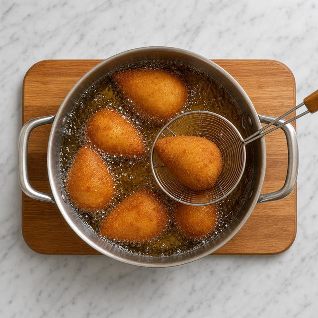 Golden coxinha frying until crisp in hot oil