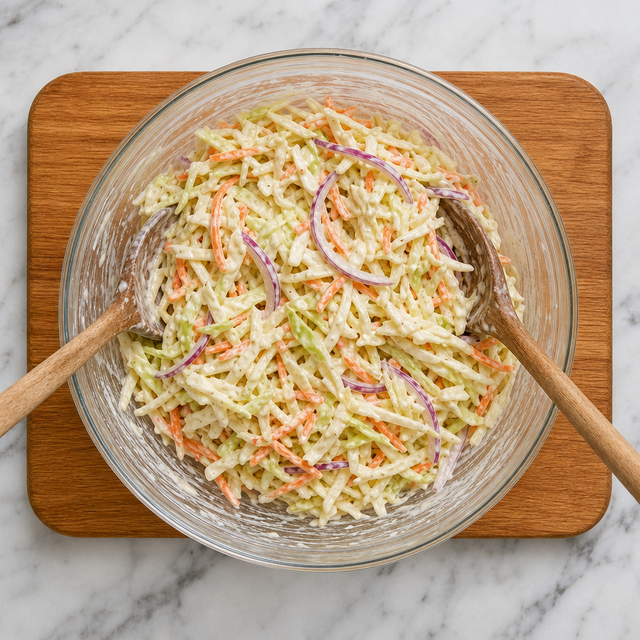 Creamy dressing coating shredded cabbage, carrot, and onion in a bowl
