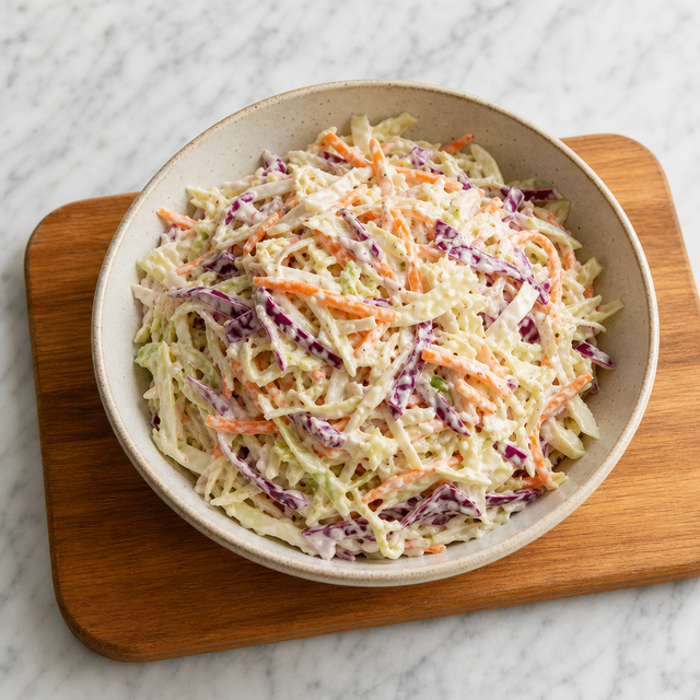Finished creamy coleslaw with crisp cabbage and carrot in a serving bowl