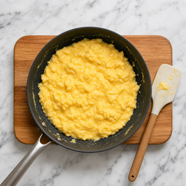Creamy scrambled eggs with tender glossy curds, softly set and ready to serve.