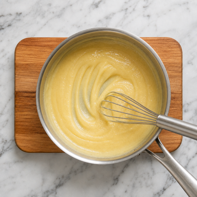 Thick glossy custard showing clear whisk tracks in a saucepan