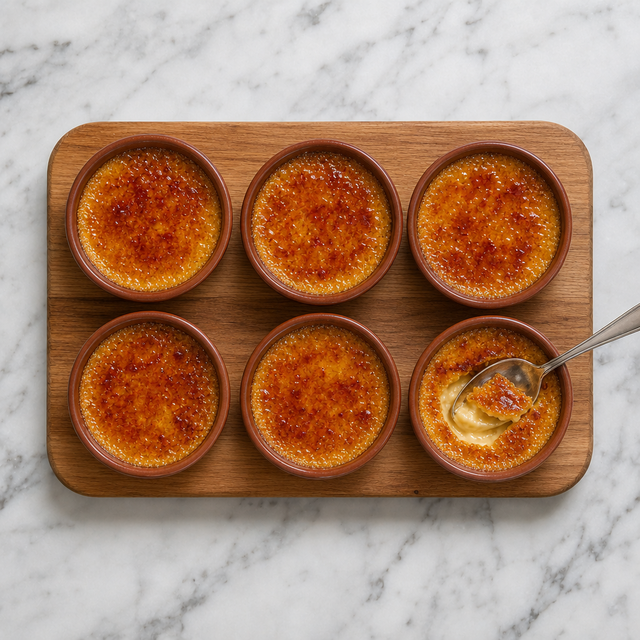 Crema Catalana ramekins with crisp amber caramelized sugar shells