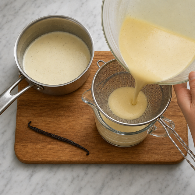 Straining vanilla custard mixture before baking