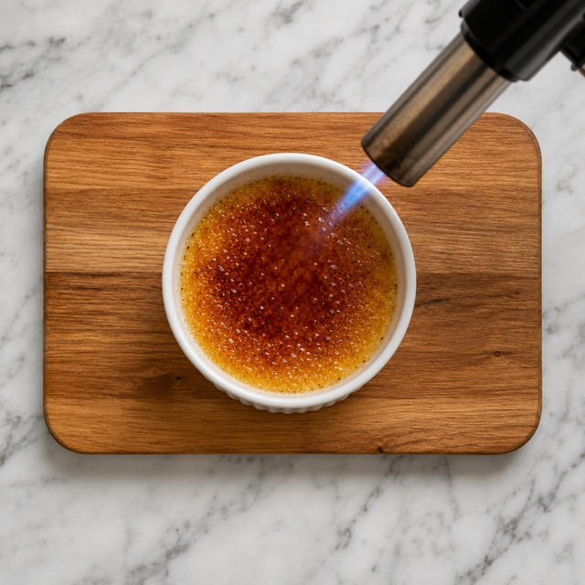Torch-caramelizing the sugar topping on crème brûlée