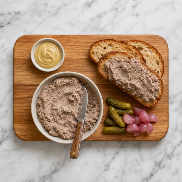 Chilled cretons served on toast with cornichons and mustard