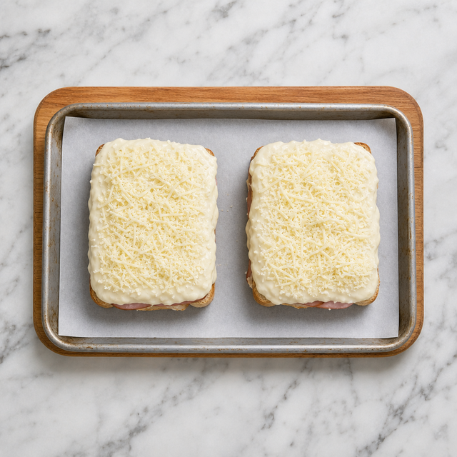 Croque-monsieur sandwiches topped with béchamel and grated cheese