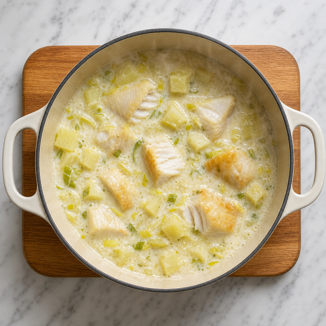 Smoked haddock cooking until opaque and flaky in Cullen Skink