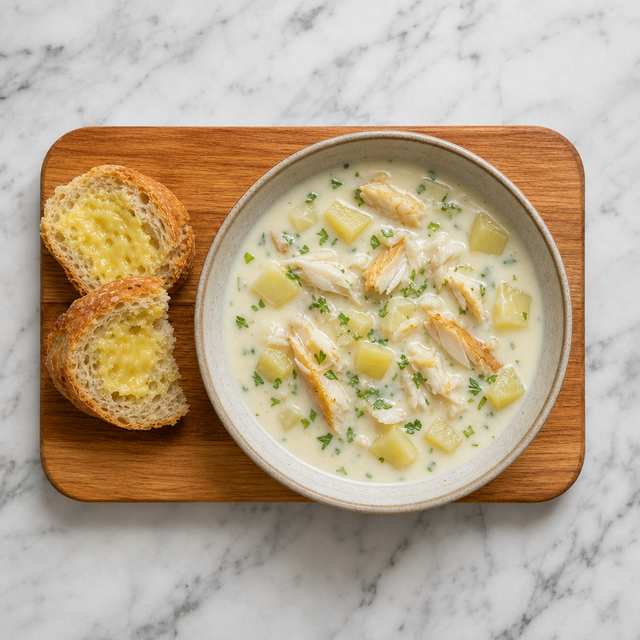 A bowl of Cullen Skink with smoked haddock, potatoes, and parsley
