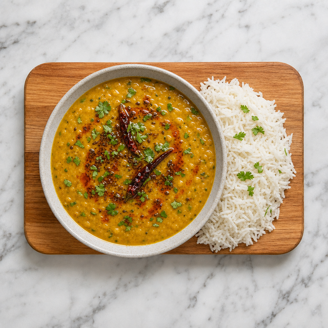 Finished dal tadka garnished with cilantro and dried chili