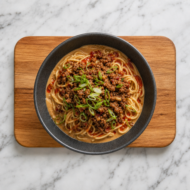 Finished Dan Dan Noodles topped with pork and scallions