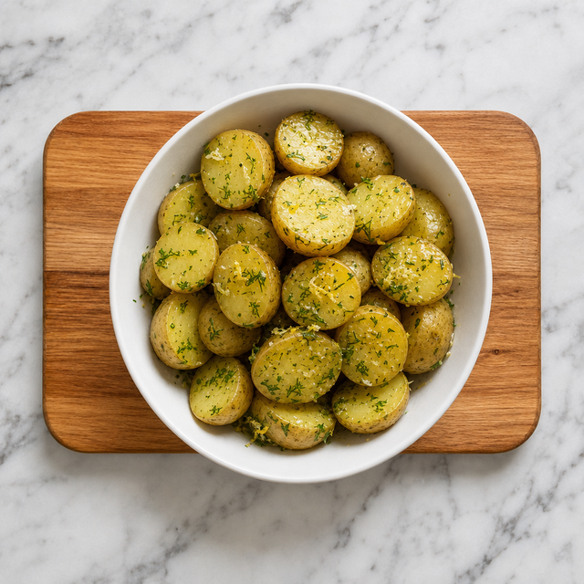 Warm baby potatoes tossed with butter, dill, and lemon zest