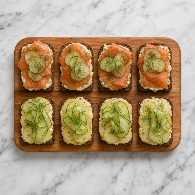 Danish Smørrebrød with smoked salmon, dill potatoes, pickled cucumber, and rye bread