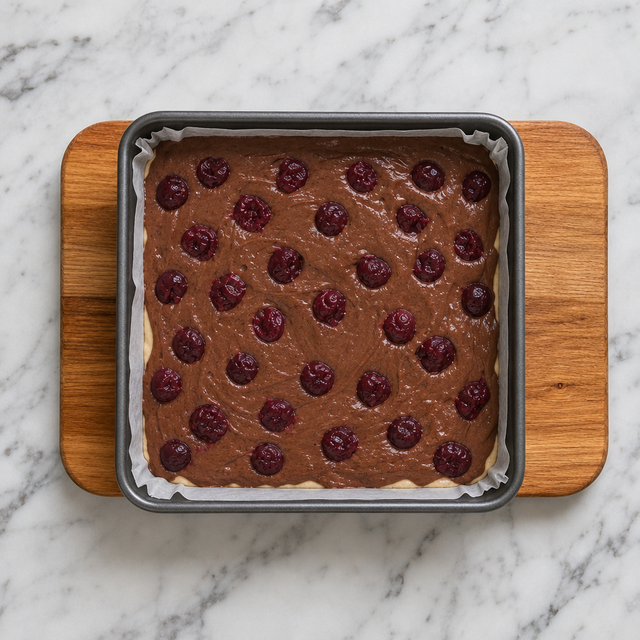 Vanilla and cocoa batter topped with evenly spaced cherries before baking.