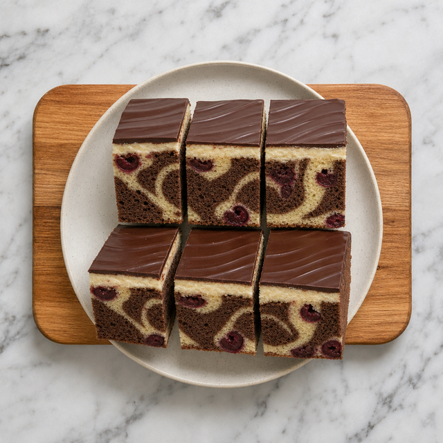 Slices of Danube Wave Cake showing marbled sponge, cherries, vanilla buttercream, and chocolate topping.