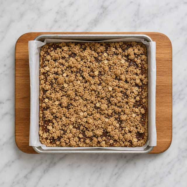 Date filling spread beneath the final oat crumble layer