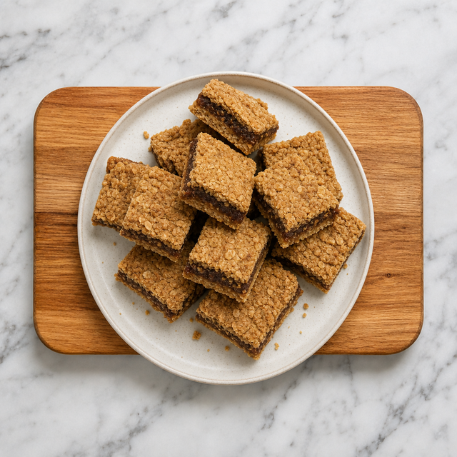Golden date squares with visible oat crumble layers and jammy centers