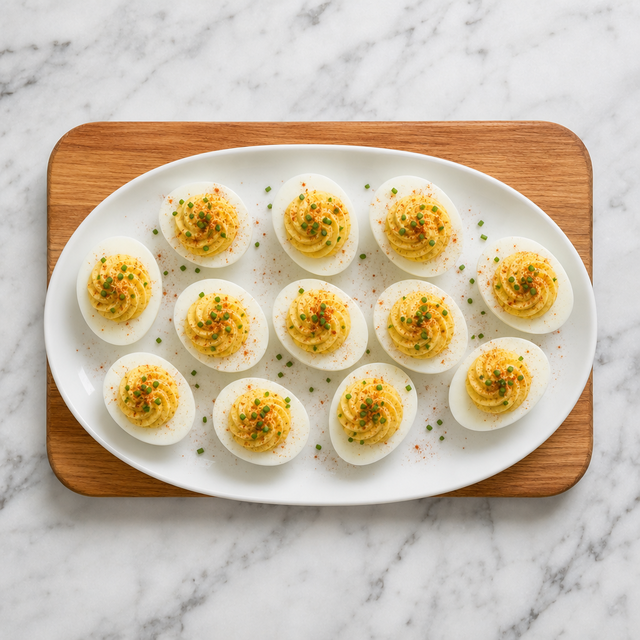 Finished deviled eggs topped with paprika and chives
