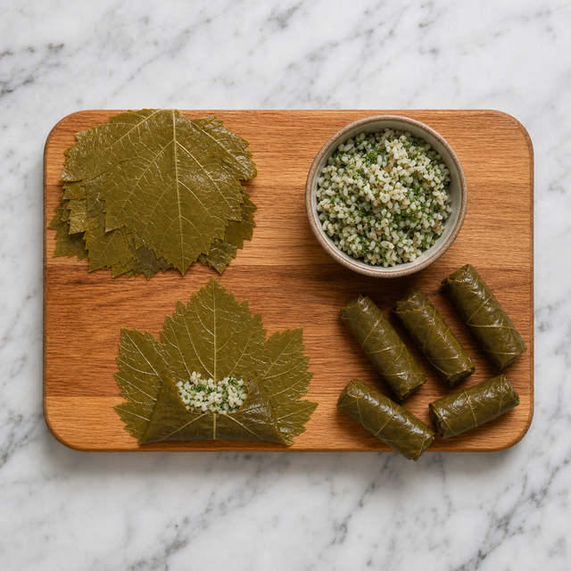 Rolling herbed rice into grape leaves for dolmades