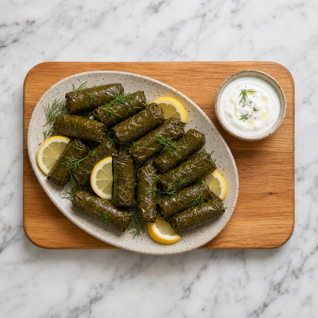 Greek dolmades served with lemon wedges and yogurt