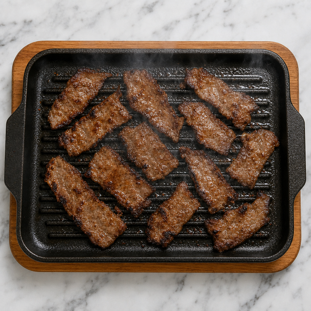 Thin döner kebab slices browning on a hot grill