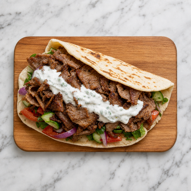 Finished döner kebab wrap with grilled meat, salad, and garlic yogurt