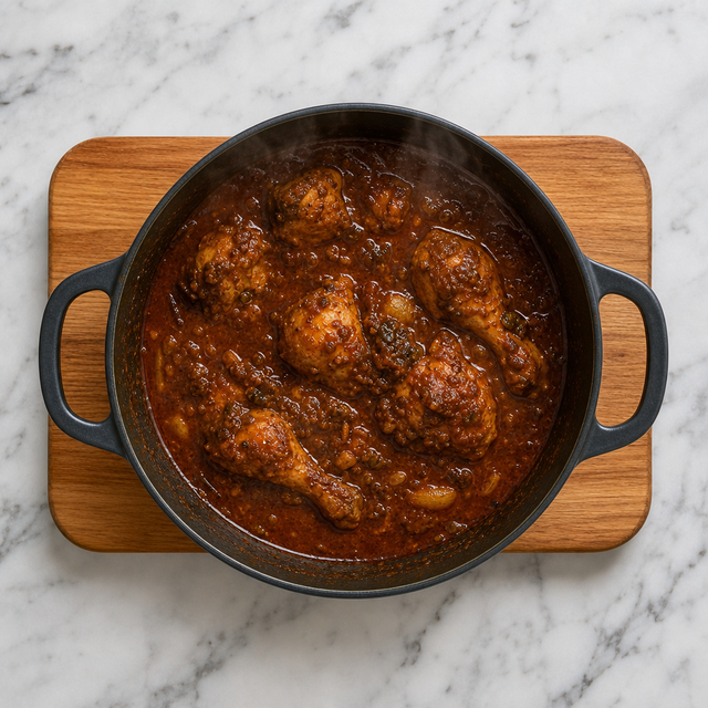 Doro wat simmering until the chicken is tender in a thick berbere sauce