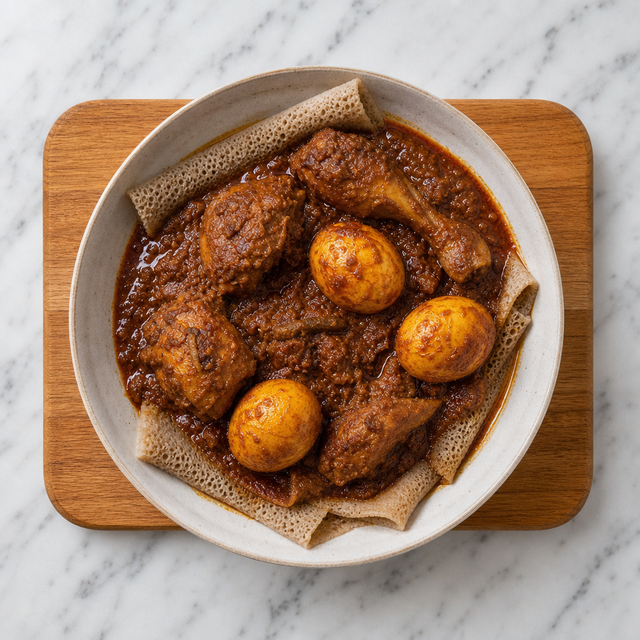 Doro wat with eggs served over injera