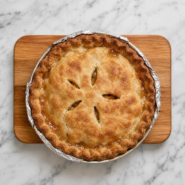 Freshly baked double-crust apple pie with a golden crust and bubbling filling