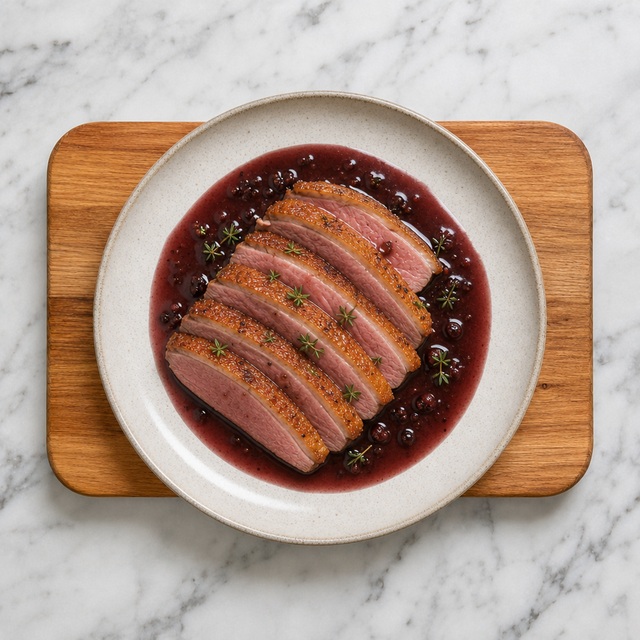Sliced rosy duck breast with crisp skin and glossy cherry pan sauce