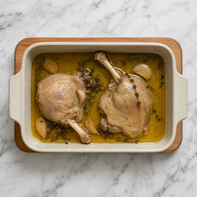 Duck legs slowly roasting while mostly submerged in duck fat