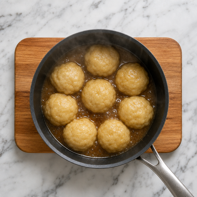 Tender dumplings simmering in glossy maple syrup